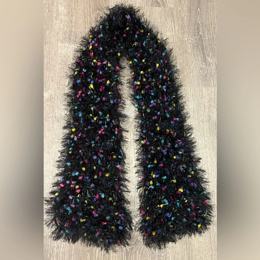 Colorful Fuzzy Knit Scarf Black Confetti Texture Soft Cozy Wrap